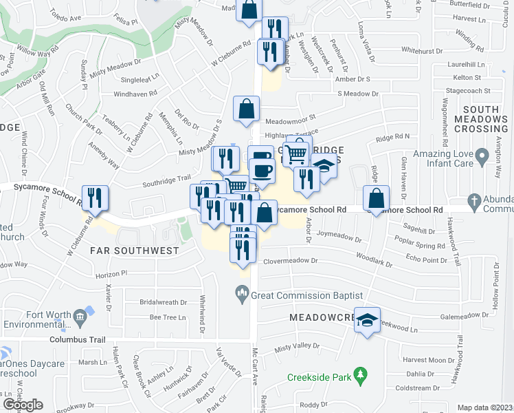 map of restaurants, bars, coffee shops, grocery stores, and more near McCart Ave & Sycamore School Rd in Fort Worth