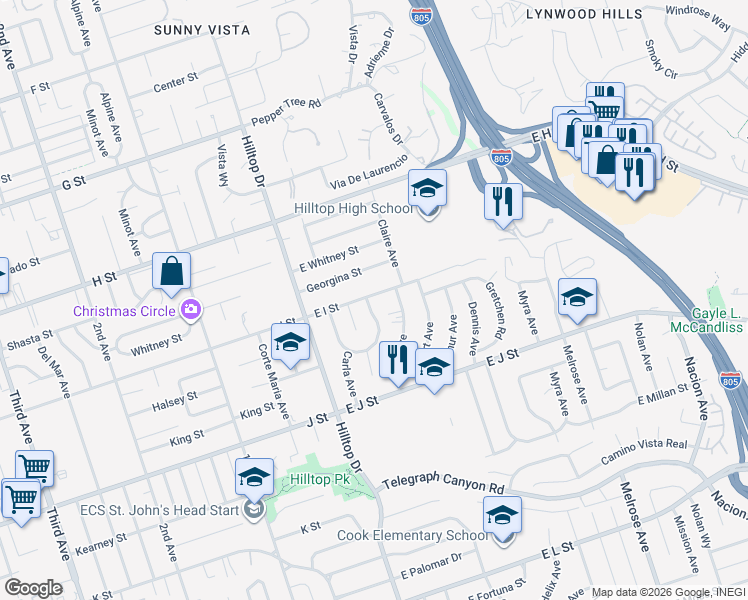map of restaurants, bars, coffee shops, grocery stores, and more near 87 East I Street in Chula Vista