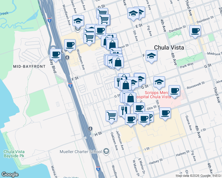 map of restaurants, bars, coffee shops, grocery stores, and more near 352 Broadway in Chula Vista