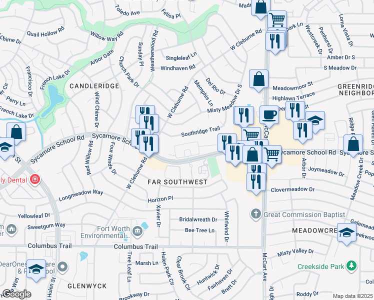 map of restaurants, bars, coffee shops, grocery stores, and more near 7333 Southridge Trail in Fort Worth