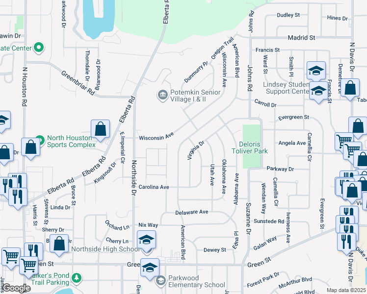 map of restaurants, bars, coffee shops, grocery stores, and more near 529 American Boulevard in Warner Robins