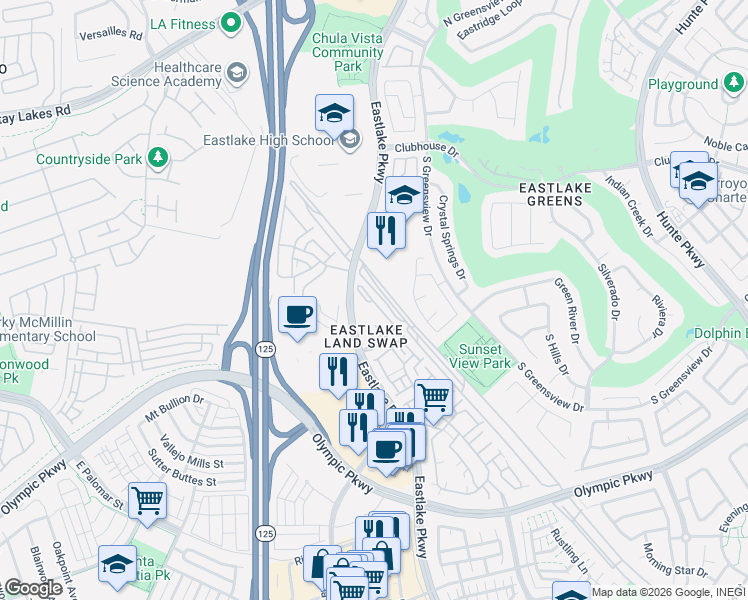 map of restaurants, bars, coffee shops, grocery stores, and more near 2155 Corte Vista in Chula Vista