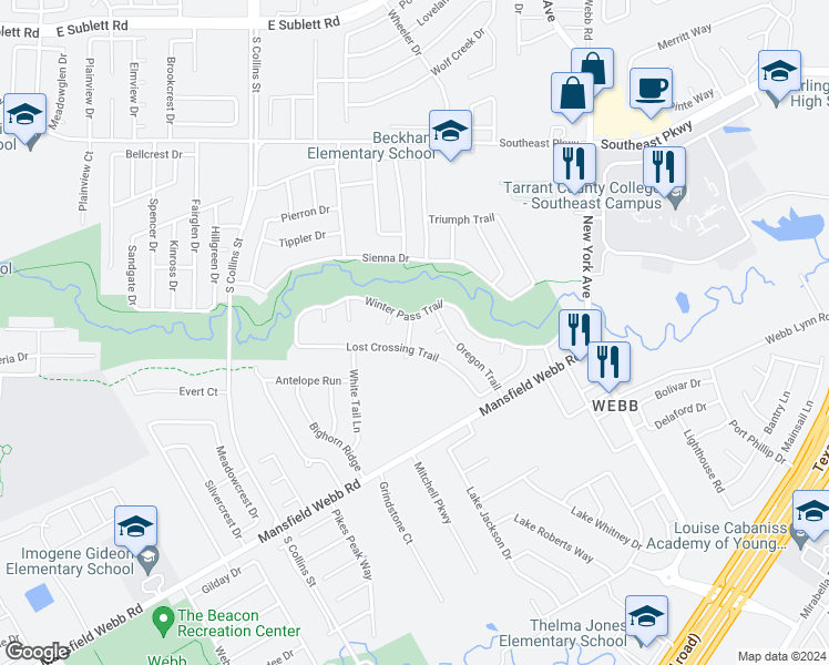 map of restaurants, bars, coffee shops, grocery stores, and more near 6705 Dusty Ridge Trail in Arlington