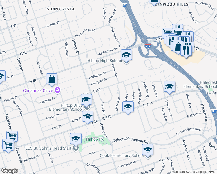 map of restaurants, bars, coffee shops, grocery stores, and more near 436 Penelope Drive in Chula Vista