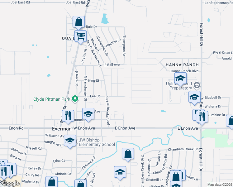 map of restaurants, bars, coffee shops, grocery stores, and more near 200 Thompson Street in Everman