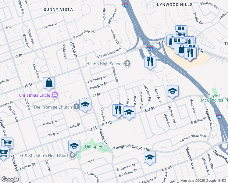 map of restaurants, bars, coffee shops, grocery stores, and more near 87 East I Street in Chula Vista