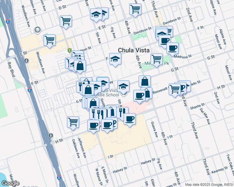map of restaurants, bars, coffee shops, grocery stores, and more near 415 5th Avenue in Chula Vista