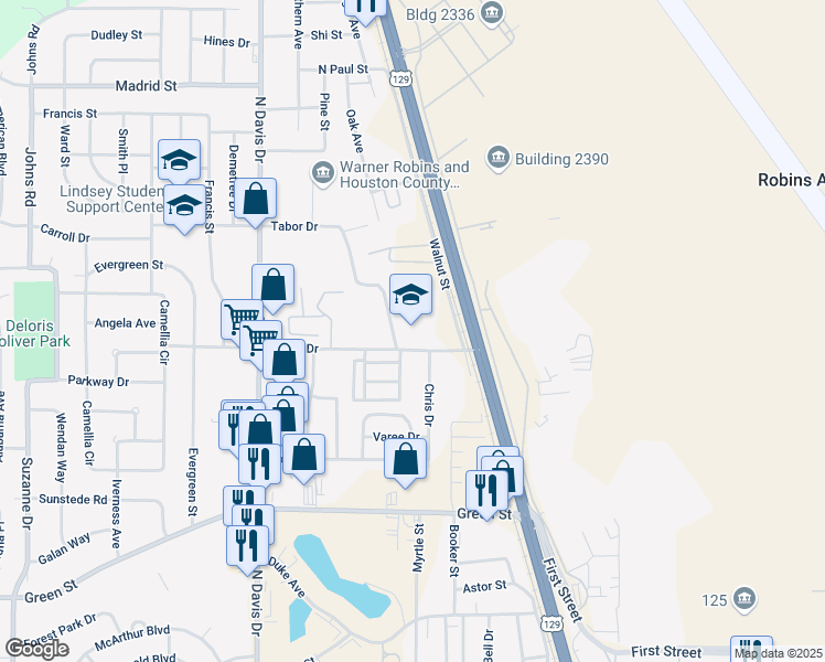 map of restaurants, bars, coffee shops, grocery stores, and more near 621 Walnut Street in Warner Robins