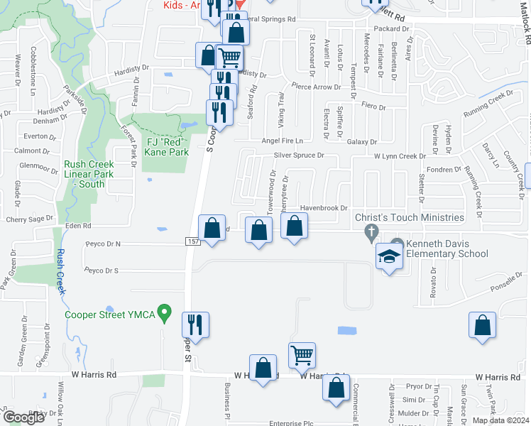 map of restaurants, bars, coffee shops, grocery stores, and more near 6802 Towerwood Drive in Arlington