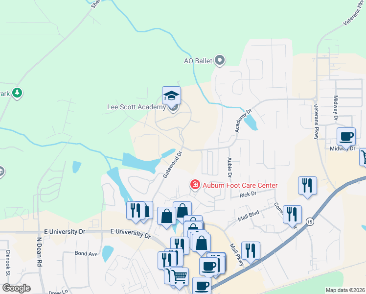 map of restaurants, bars, coffee shops, grocery stores, and more near 1658 Academy Drive in Auburn