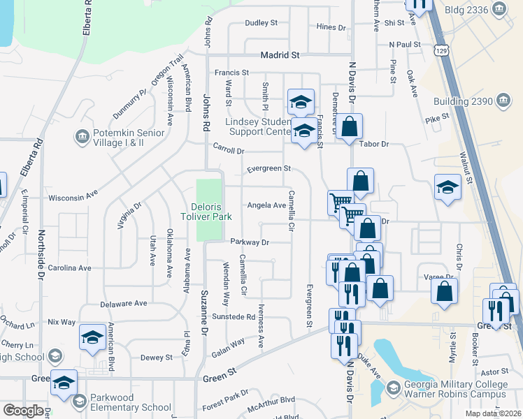 map of restaurants, bars, coffee shops, grocery stores, and more near 113 Angela Avenue in Warner Robins