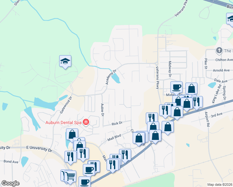 map of restaurants, bars, coffee shops, grocery stores, and more near 1999 Stephanie Court in Auburn