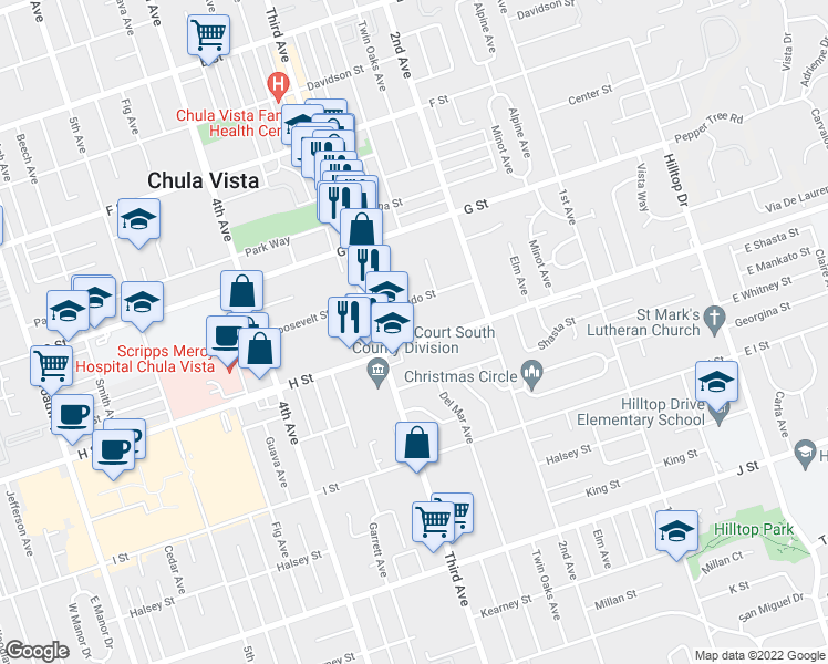 map of restaurants, bars, coffee shops, grocery stores, and more near 268 Alvarado Street in Chula Vista