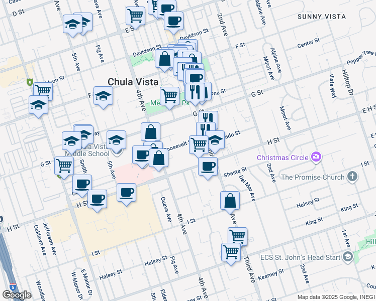 map of restaurants, bars, coffee shops, grocery stores, and more near 342 Roosevelt Street in Chula Vista