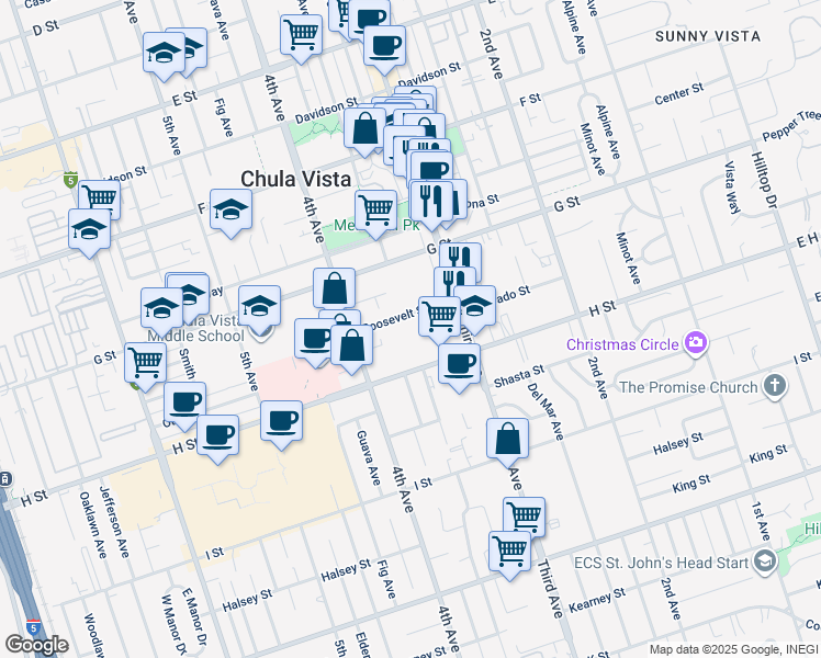 map of restaurants, bars, coffee shops, grocery stores, and more near 342 Roosevelt Street in Chula Vista