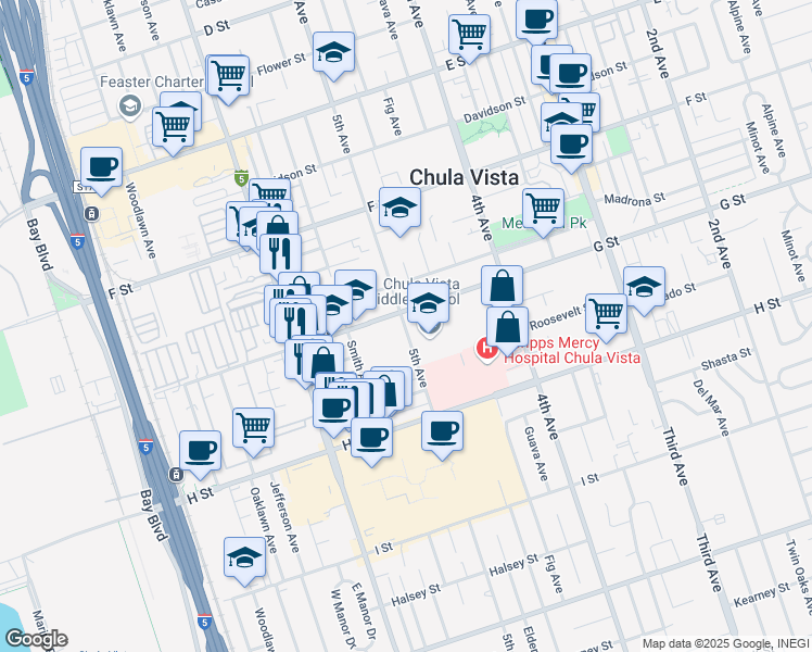 map of restaurants, bars, coffee shops, grocery stores, and more near 507 G Street in Chula Vista