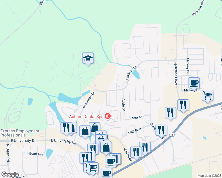 map of restaurants, bars, coffee shops, grocery stores, and more near 1401 Academy Drive in Auburn