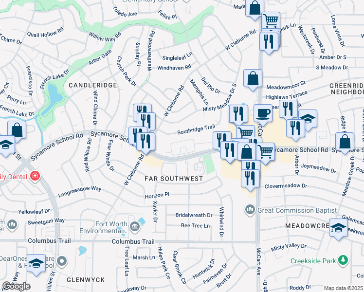 map of restaurants, bars, coffee shops, grocery stores, and more near 7333 Southridge Trail in Fort Worth