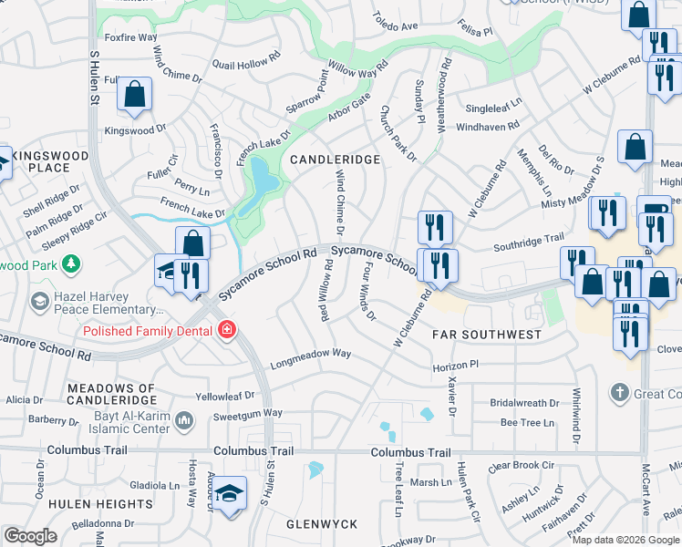 map of restaurants, bars, coffee shops, grocery stores, and more near 7509 Red Willow Road in Fort Worth