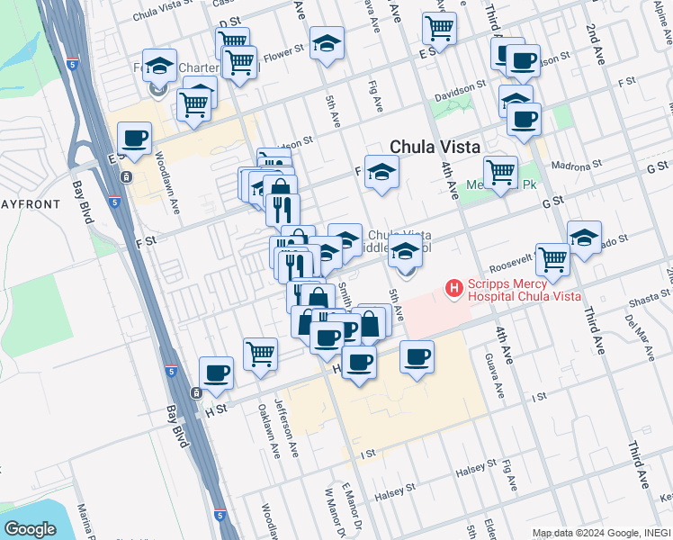 map of restaurants, bars, coffee shops, grocery stores, and more near 537 G Street in Chula Vista