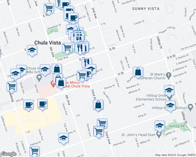 map of restaurants, bars, coffee shops, grocery stores, and more near 267 H Street in Chula Vista