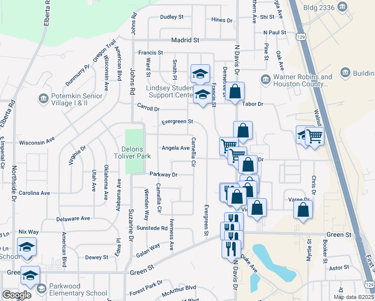 map of restaurants, bars, coffee shops, grocery stores, and more near 101 Angela Avenue in Warner Robins