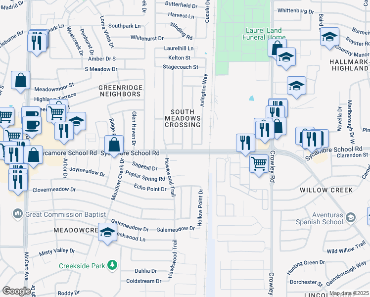 map of restaurants, bars, coffee shops, grocery stores, and more near 7425 Ashbourne Way in Fort Worth