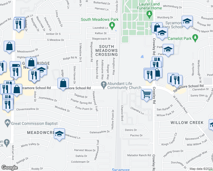 map of restaurants, bars, coffee shops, grocery stores, and more near 7432 Ranger Way in Fort Worth