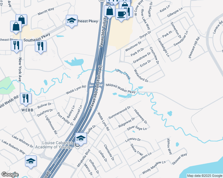 map of restaurants, bars, coffee shops, grocery stores, and more near 3145 Lynn Creek Park Road in Grand Prairie