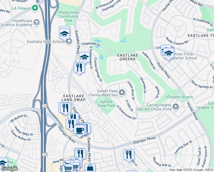 map of restaurants, bars, coffee shops, grocery stores, and more near 2265 Green River Drive in Chula Vista