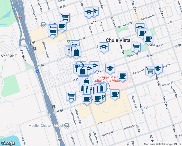 map of restaurants, bars, coffee shops, grocery stores, and more near 537 G Street in Chula Vista
