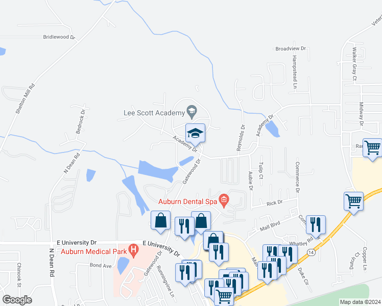 map of restaurants, bars, coffee shops, grocery stores, and more near 1601-1651 Academy Drive in Auburn