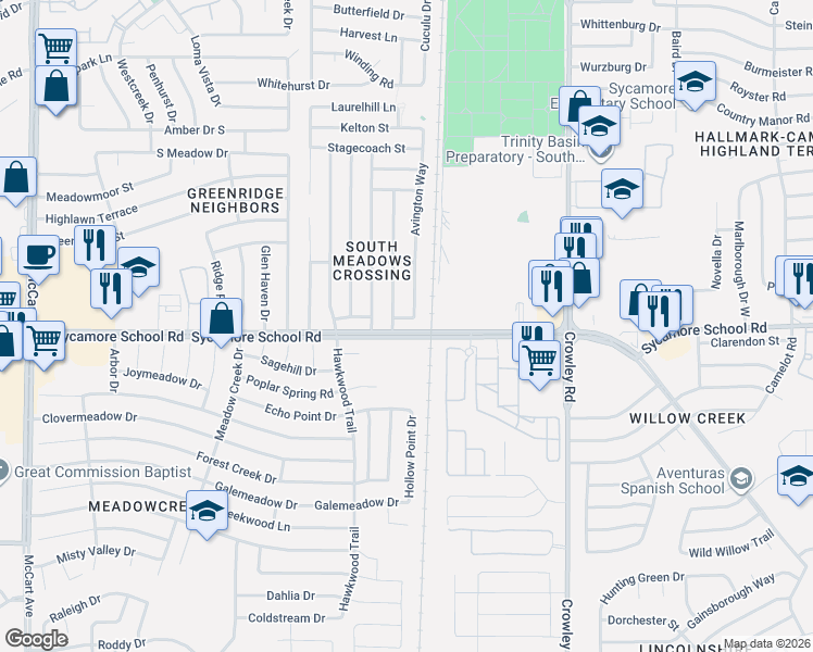 map of restaurants, bars, coffee shops, grocery stores, and more near 7421 Avington Way in Fort Worth
