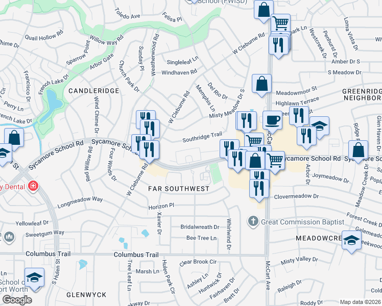 map of restaurants, bars, coffee shops, grocery stores, and more near 3850 Silverton Circle in Fort Worth
