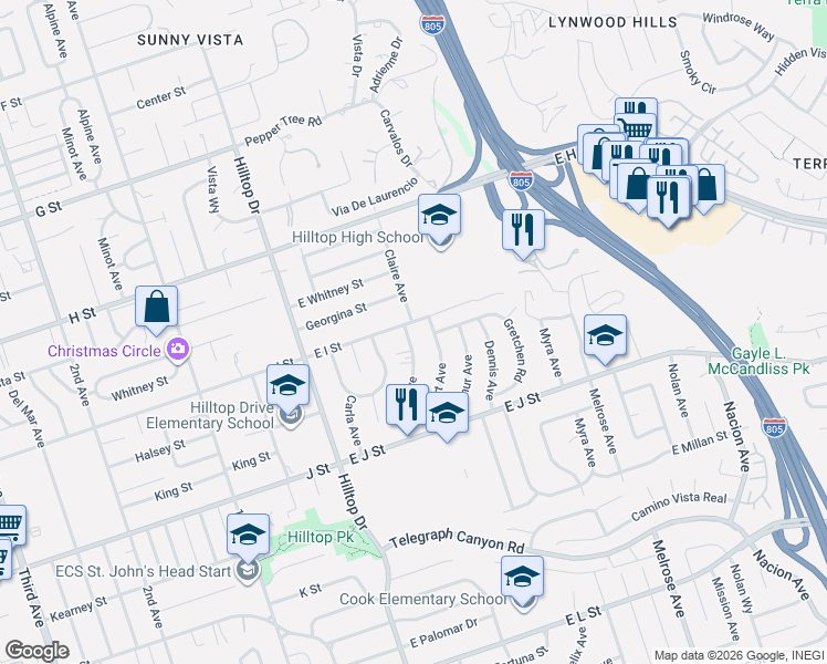 map of restaurants, bars, coffee shops, grocery stores, and more near 87 East I Street in Chula Vista