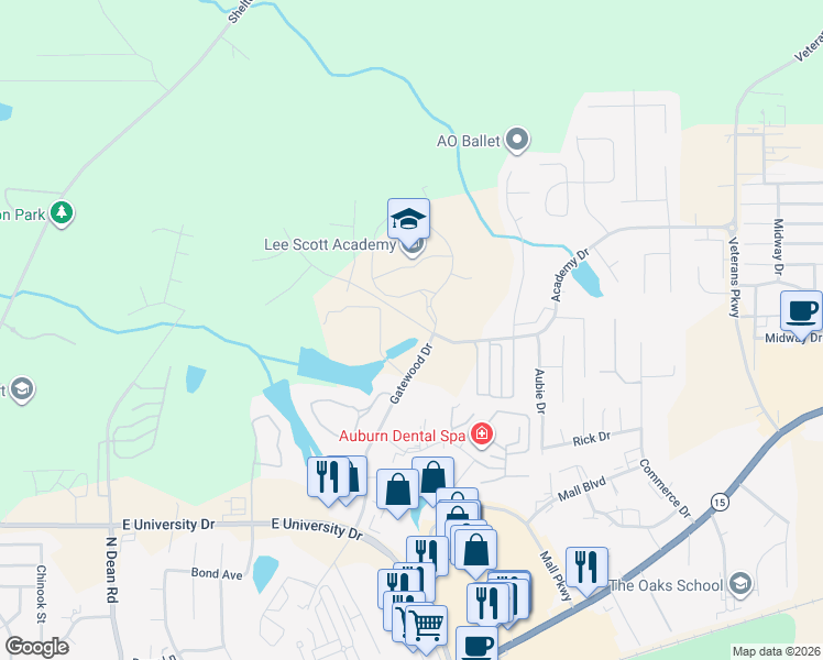 map of restaurants, bars, coffee shops, grocery stores, and more near 1601-1651 Academy Drive in Auburn