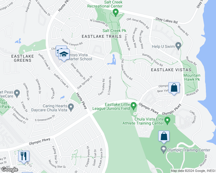 map of restaurants, bars, coffee shops, grocery stores, and more near 1392 South Creekside Drive in Chula Vista