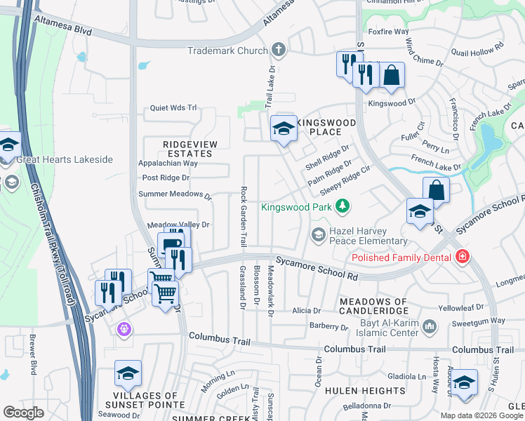 map of restaurants, bars, coffee shops, grocery stores, and more near 7433 Grass Valley Tr in Fort Worth