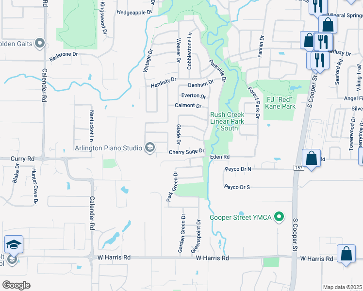 map of restaurants, bars, coffee shops, grocery stores, and more near 6703 Glade Drive in Arlington