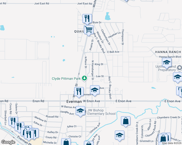 map of restaurants, bars, coffee shops, grocery stores, and more near 408 North Hansbarger Street in Everman
