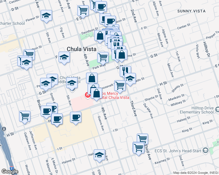 map of restaurants, bars, coffee shops, grocery stores, and more near 342 Roosevelt Street in Chula Vista