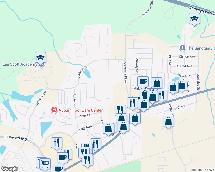 map of restaurants, bars, coffee shops, grocery stores, and more near 1372 Commerce Drive in Auburn