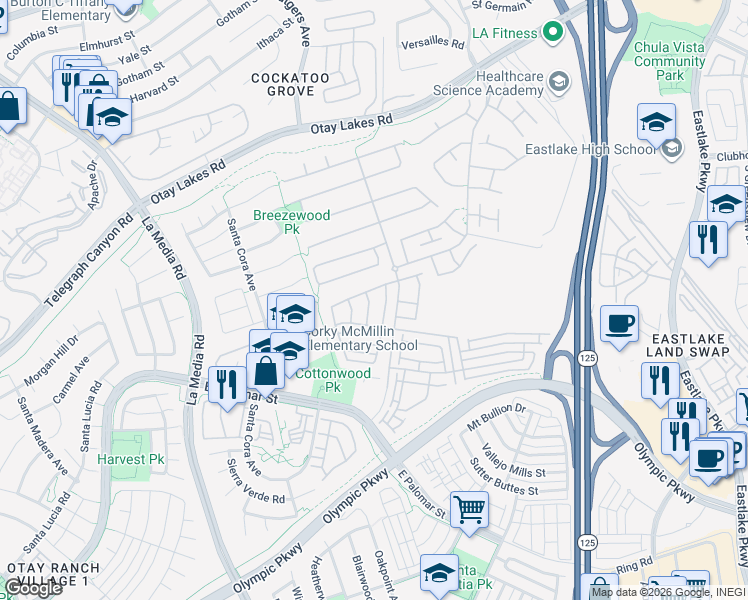 map of restaurants, bars, coffee shops, grocery stores, and more near 1213 Battle Creek Road in Chula Vista