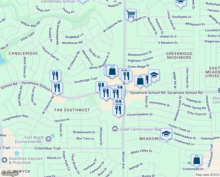 map of restaurants, bars, coffee shops, grocery stores, and more near 3630 Sycamore School Road in Fort Worth