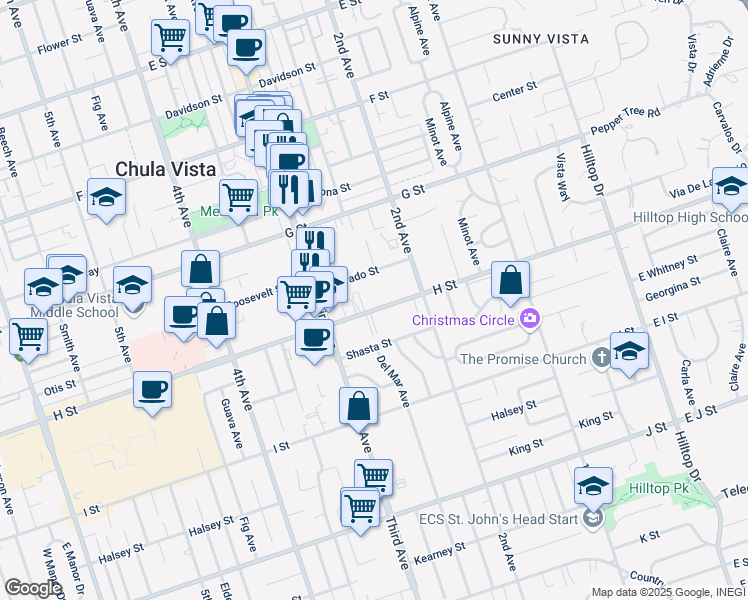 map of restaurants, bars, coffee shops, grocery stores, and more near 249 H Street in Chula Vista