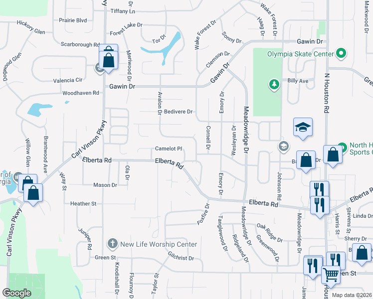 map of restaurants, bars, coffee shops, grocery stores, and more near 106 Camelot Place in Warner Robins