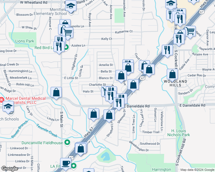 map of restaurants, bars, coffee shops, grocery stores, and more near 422 Charlotte Street in Duncanville