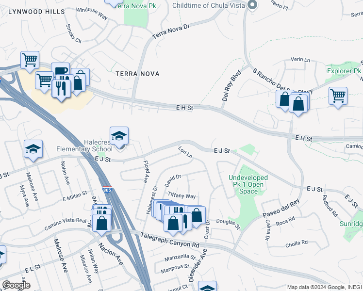 map of restaurants, bars, coffee shops, grocery stores, and more near 600 E J St in Chula Vista