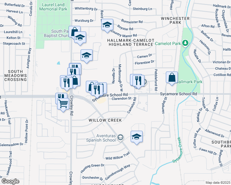 map of restaurants, bars, coffee shops, grocery stores, and more near 1500 Sycamore School Road in Fort Worth