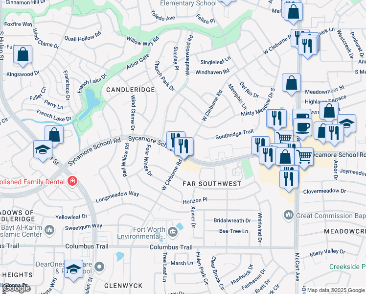 map of restaurants, bars, coffee shops, grocery stores, and more near 4000 Sycamore School Road in Fort Worth